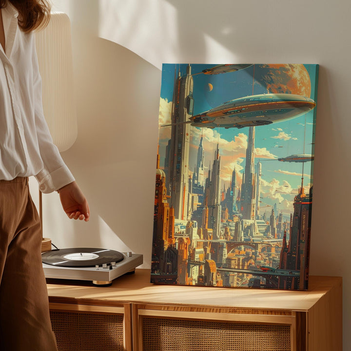 Futuristic Metropolis Canvas – Hovering City with Floating Cars and Spaceships - Gifitto