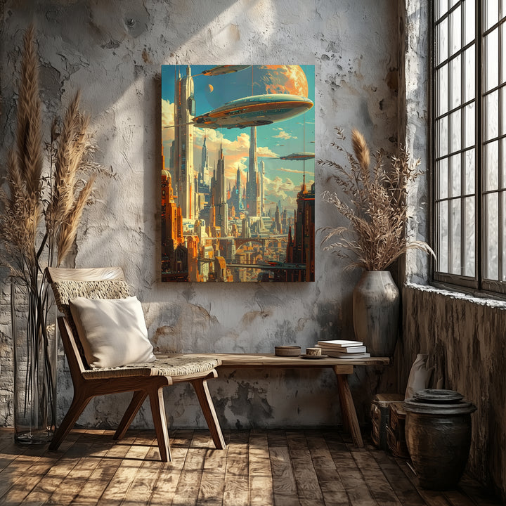 Futuristic Metropolis Canvas – Hovering City with Floating Cars and Spaceships - Gifitto