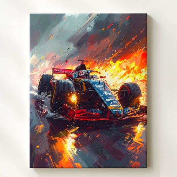 Red Bull F1 Racing Canvas – High-Speed Formula 1 Car on Fiery Wet Track - Gifitto