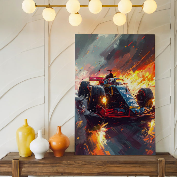 Red Bull F1 Racing Canvas – High-Speed Formula 1 Car on Fiery Wet Track - Gifitto