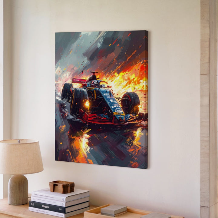 Red Bull F1 Racing Canvas – High-Speed Formula 1 Car on Fiery Wet Track - Gifitto
