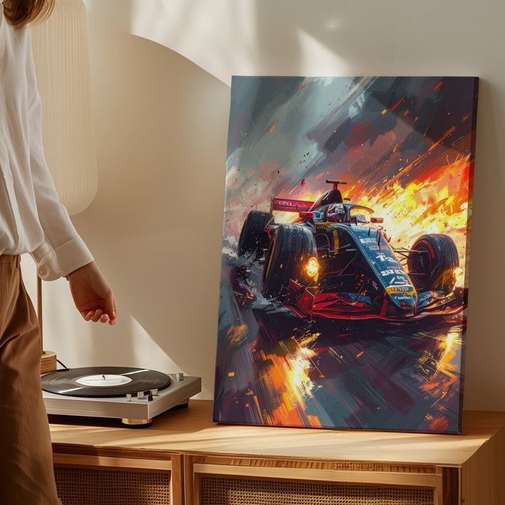 Red Bull F1 Racing Canvas – High-Speed Formula 1 Car on Fiery Wet Track - Gifitto