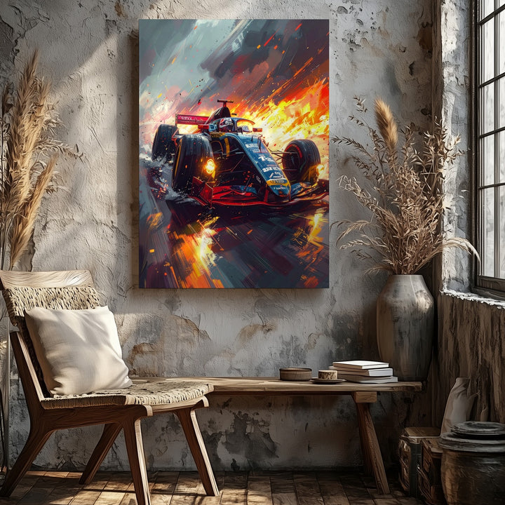 Red Bull F1 Racing Canvas – High-Speed Formula 1 Car on Fiery Wet Track - Gifitto
