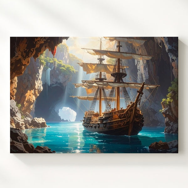 Majestic Pirate Ship Canvas – Sailing from Hidden Cave with Glowing Waterfalls - Gifitto