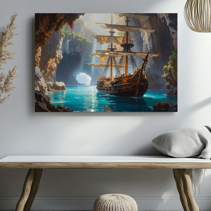 Majestic Pirate Ship Canvas – Sailing from Hidden Cave with Glowing Waterfalls - Gifitto