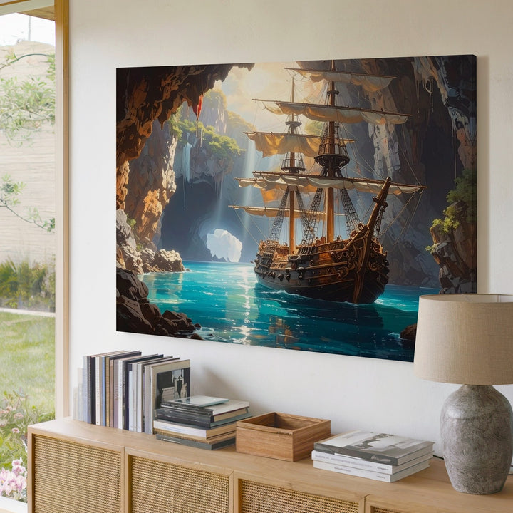 Majestic Pirate Ship Canvas – Sailing from Hidden Cave with Glowing Waterfalls - Gifitto