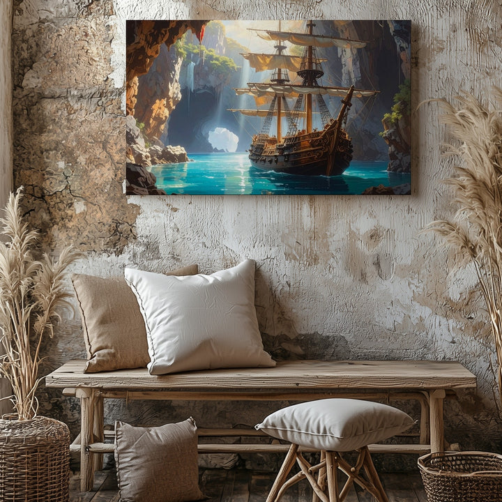 Majestic Pirate Ship Canvas – Sailing from Hidden Cave with Glowing Waterfalls - Gifitto