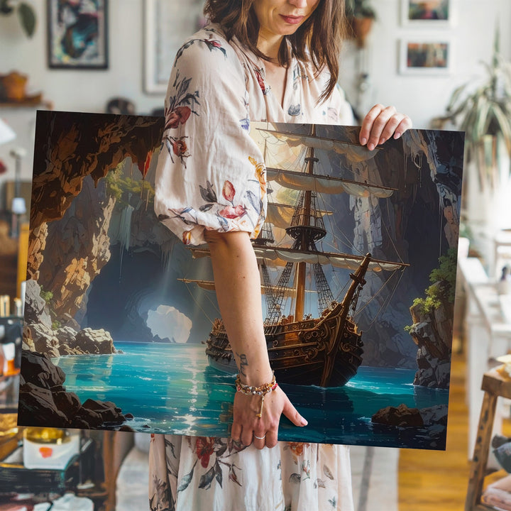 Majestic Pirate Ship Canvas – Sailing from Hidden Cave with Glowing Waterfalls - Gifitto