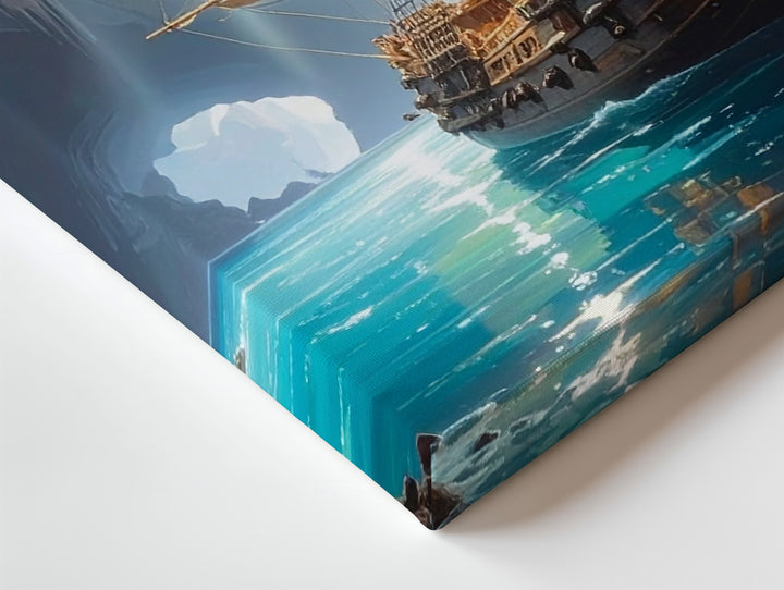 Majestic Pirate Ship Canvas – Sailing from Hidden Cave with Glowing Waterfalls - Gifitto