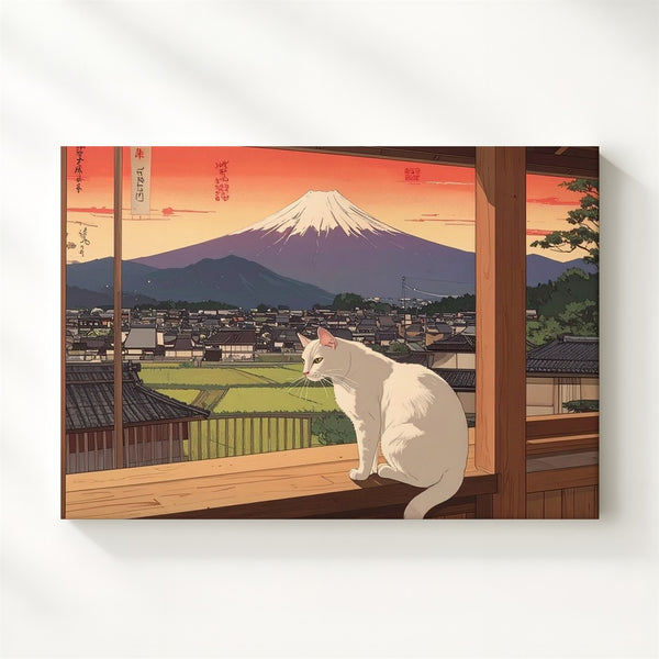 White Cat on Veranda Canvas – Japanese Townscape & Sunset Mountain Wall Art - Gifitto