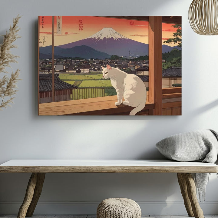 White Cat on Veranda Canvas – Japanese Townscape & Sunset Mountain Wall Art - Gifitto