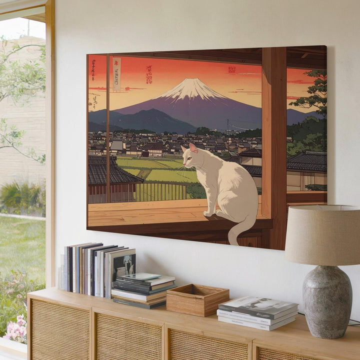 White Cat on Veranda Canvas – Japanese Townscape & Sunset Mountain Wall Art - Gifitto