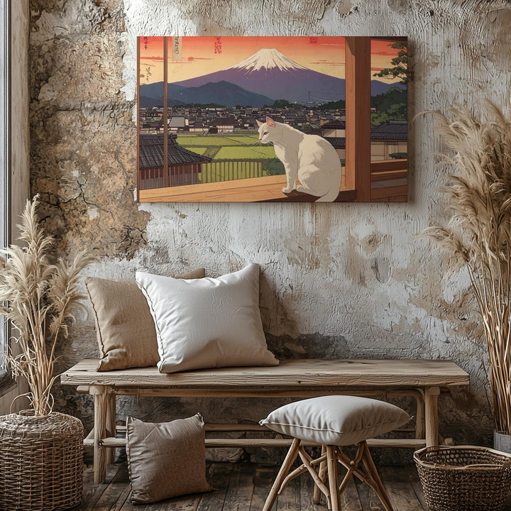 White Cat on Veranda Canvas – Japanese Townscape & Sunset Mountain Wall Art - Gifitto