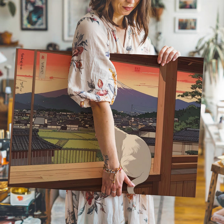 White Cat on Veranda Canvas – Japanese Townscape & Sunset Mountain Wall Art - Gifitto