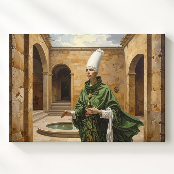 Mystical Figure in Courtyard Canvas – Enigmatic Presence with Ancient Stone Architecture - Gifitto