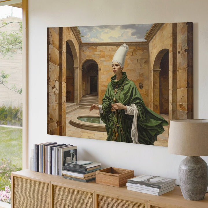 Mystical Figure in Courtyard Canvas – Enigmatic Presence with Ancient Stone Architecture - Gifitto