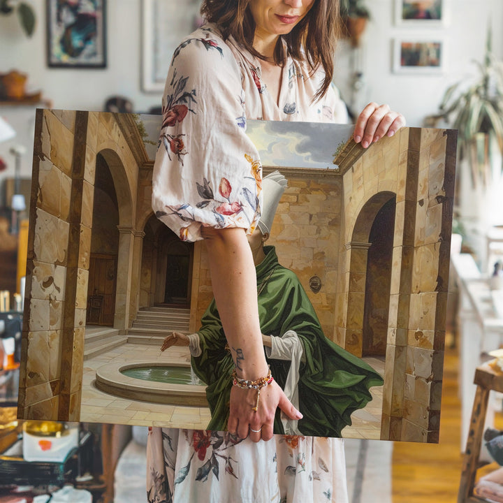 Mystical Figure in Courtyard Canvas – Enigmatic Presence with Ancient Stone Architecture - Gifitto