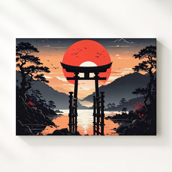 Torii at Sunset Canvas – Minimalist Japanese Spiritual Landscape Art - Gifitto