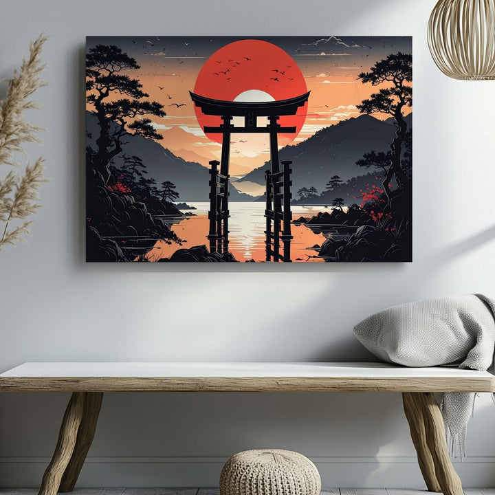 Torii at Sunset Canvas – Minimalist Japanese Spiritual Landscape Art - Gifitto