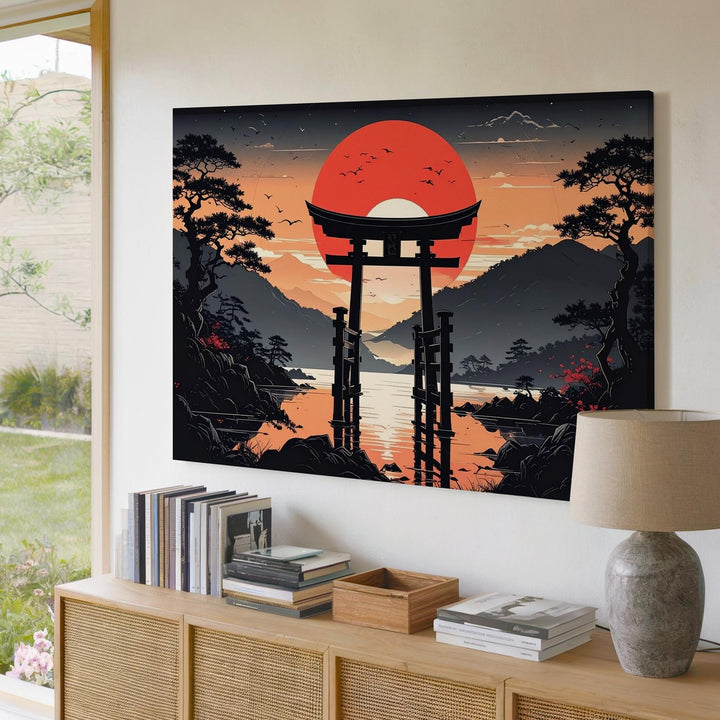 Torii at Sunset Canvas – Minimalist Japanese Spiritual Landscape Art - Gifitto