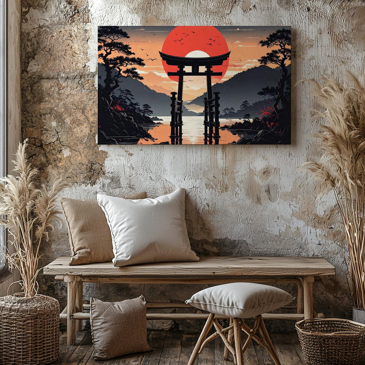 Torii at Sunset Canvas – Minimalist Japanese Spiritual Landscape Art - Gifitto
