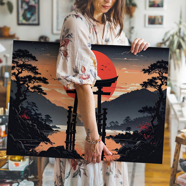 Torii at Sunset Canvas – Minimalist Japanese Spiritual Landscape Art - Gifitto