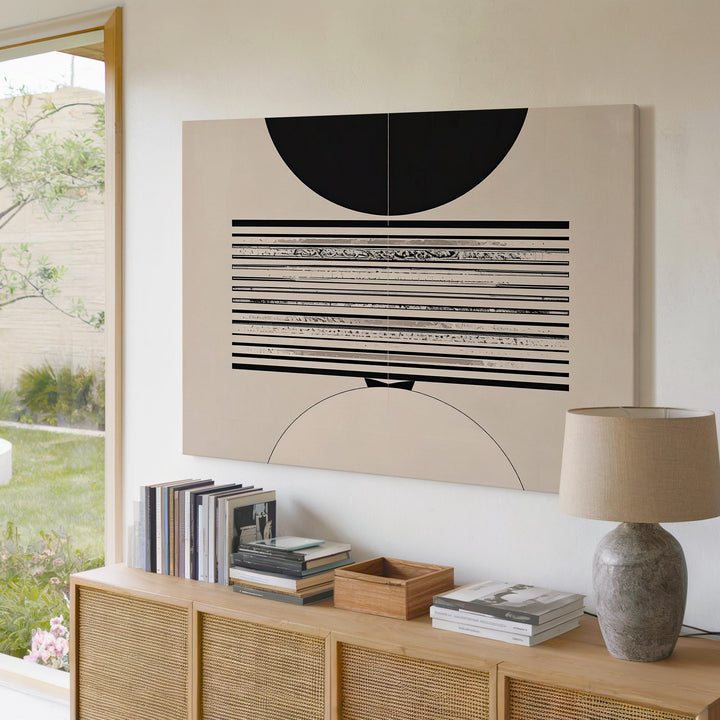 Geometric Abstract Canvas – Black Half-Circles and Horizontal Line Band - Gifitto