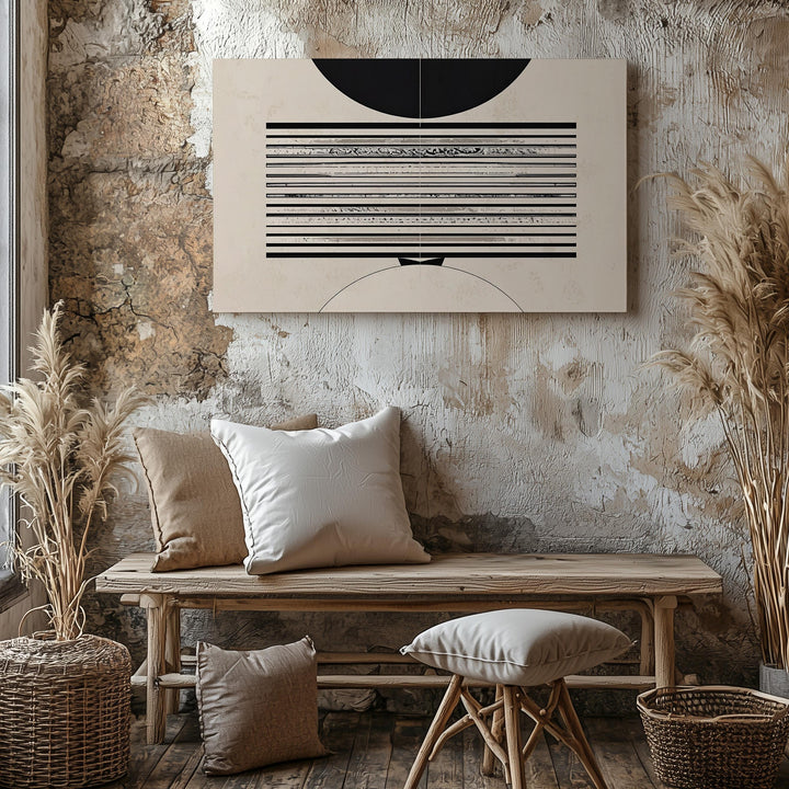 Geometric Abstract Canvas – Black Half-Circles and Horizontal Line Band - Gifitto