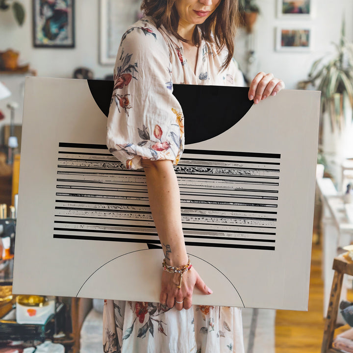 Geometric Abstract Canvas – Black Half-Circles and Horizontal Line Band - Gifitto