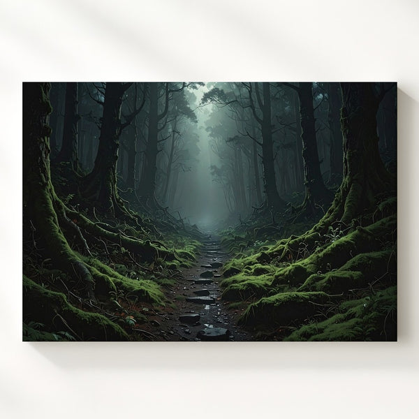 Mystical Forest Path Canvas – Dark Woods with Pale Light and Mossy Path - Gifitto