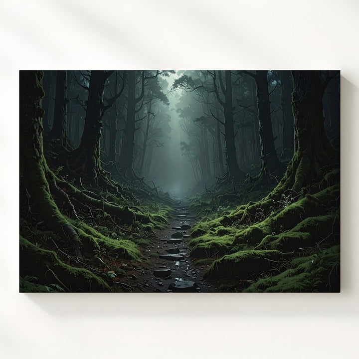 Mystical Forest Path Canvas – Dark Woods with Pale Light and Mossy Path - Gifitto