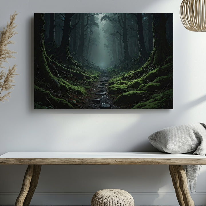 Mystical Forest Path Canvas – Dark Woods with Pale Light and Mossy Path - Gifitto