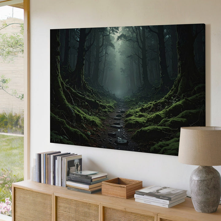 Mystical Forest Path Canvas – Dark Woods with Pale Light and Mossy Path - Gifitto