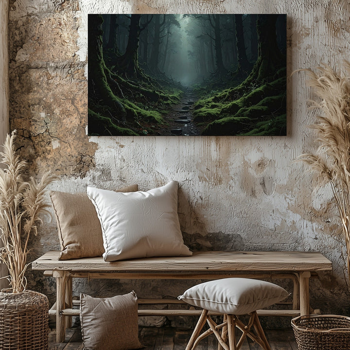Mystical Forest Path Canvas – Dark Woods with Pale Light and Mossy Path - Gifitto