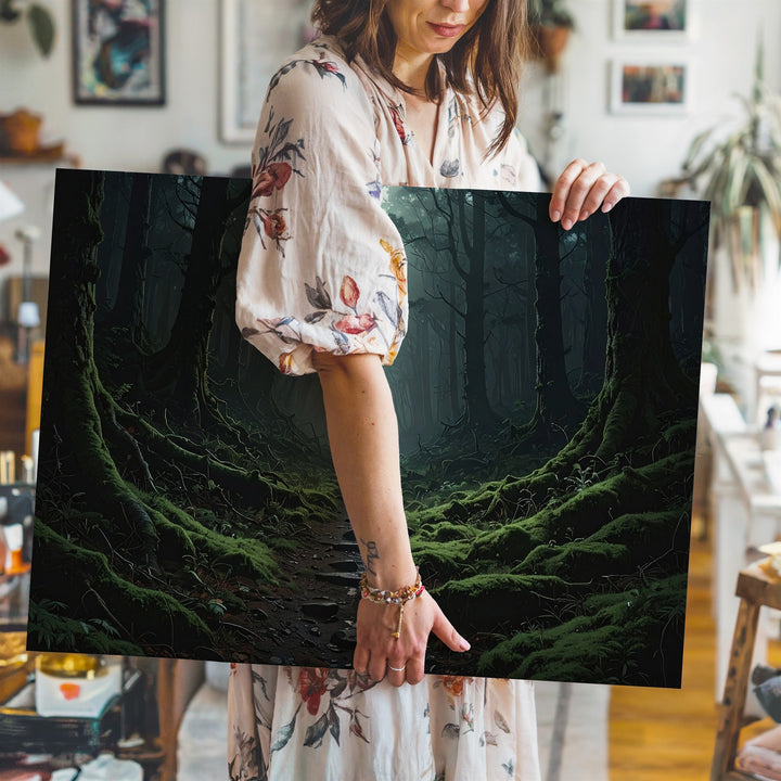 Mystical Forest Path Canvas – Dark Woods with Pale Light and Mossy Path - Gifitto