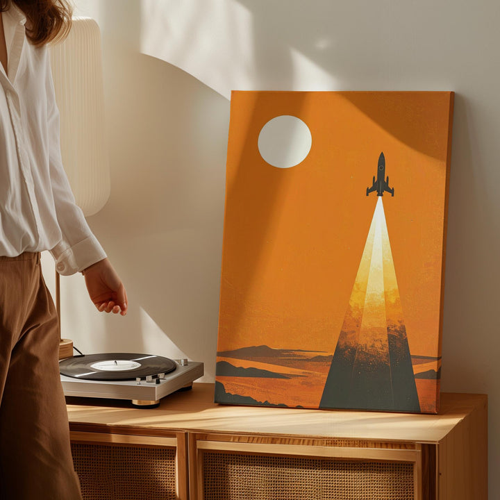 Rocketship Launch Canvas – Bold Silhouette Blasting Into Orange Space - Gifitto