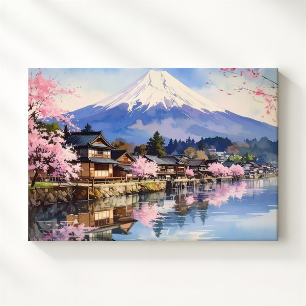 Spring Reflections Canvas – Lakeside Japanese Town with Mount Fuji View - Gifitto