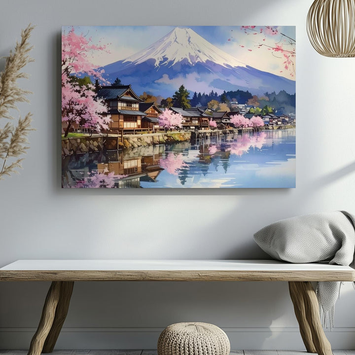 Spring Reflections Canvas – Lakeside Japanese Town with Mount Fuji View - Gifitto