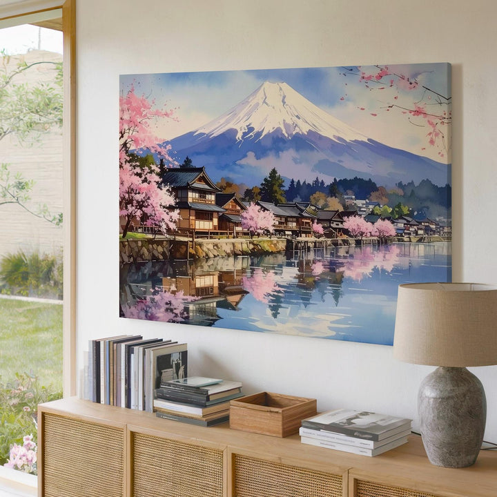 Spring Reflections Canvas – Lakeside Japanese Town with Mount Fuji View - Gifitto