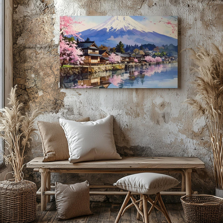 Spring Reflections Canvas – Lakeside Japanese Town with Mount Fuji View - Gifitto