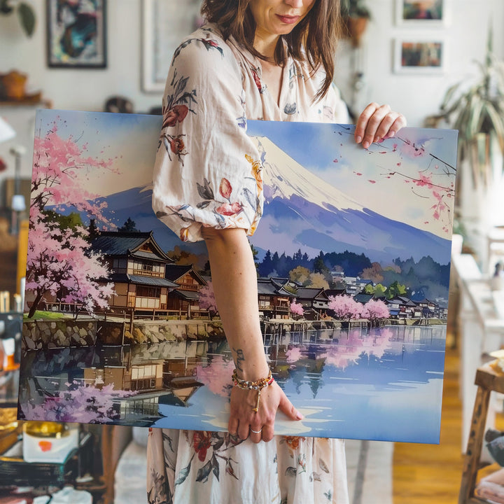 Spring Reflections Canvas – Lakeside Japanese Town with Mount Fuji View - Gifitto