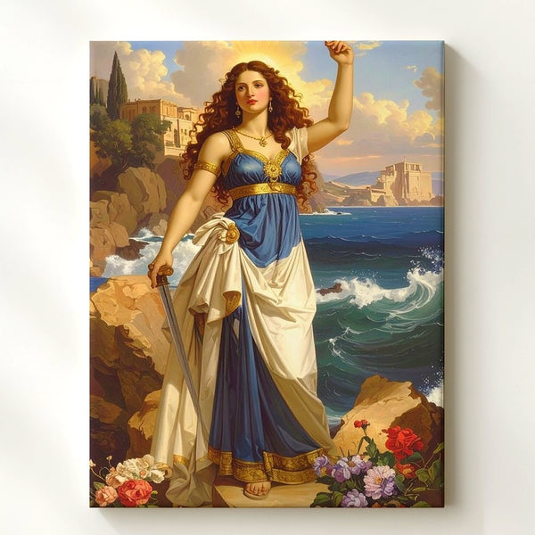 Goddess of the Sea Canvas – Classical Heroic Woman with Sword and Sea View - Gifitto