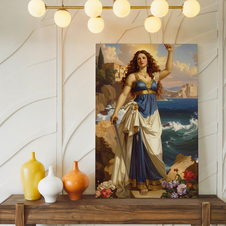 Goddess of the Sea Canvas – Classical Heroic Woman with Sword and Sea View - Gifitto