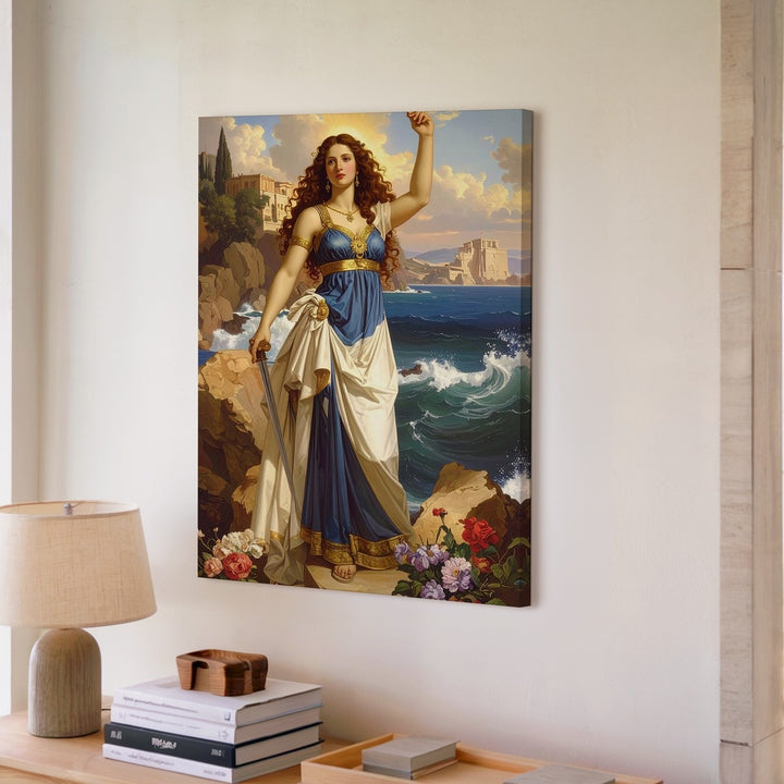 Goddess of the Sea Canvas – Classical Heroic Woman with Sword and Sea View - Gifitto