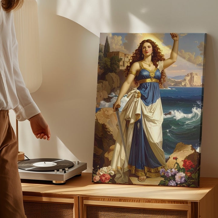 Goddess of the Sea Canvas – Classical Heroic Woman with Sword and Sea View - Gifitto