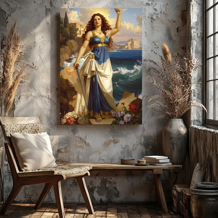 Goddess of the Sea Canvas – Classical Heroic Woman with Sword and Sea View - Gifitto