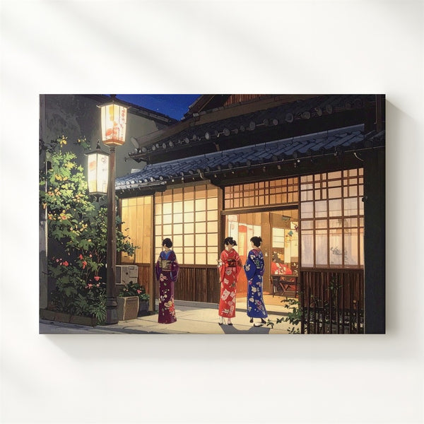 Lantern Light & Kimono Conversation Canvas – Traditional Japanese Night Scene - Gifitto