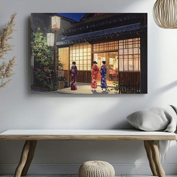 Lantern Light & Kimono Conversation Canvas – Traditional Japanese Night Scene - Gifitto