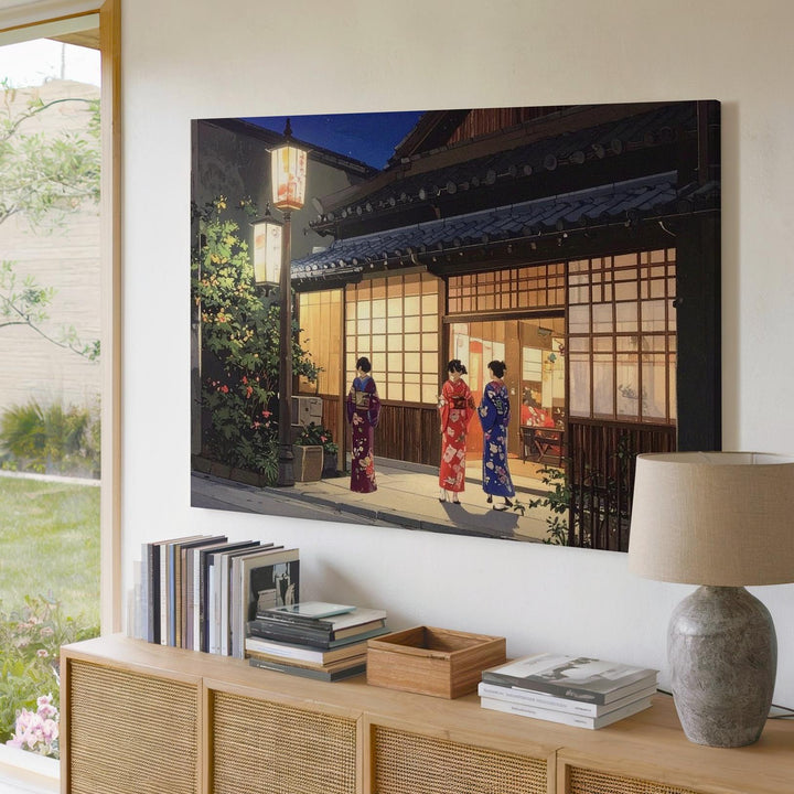 Lantern Light & Kimono Conversation Canvas – Traditional Japanese Night Scene - Gifitto