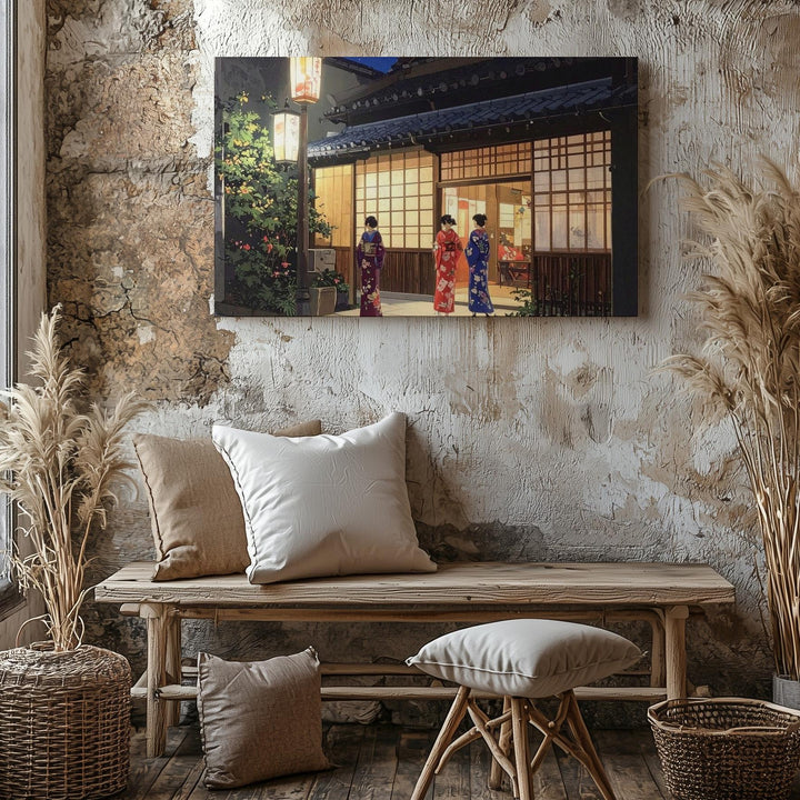 Lantern Light & Kimono Conversation Canvas – Traditional Japanese Night Scene - Gifitto